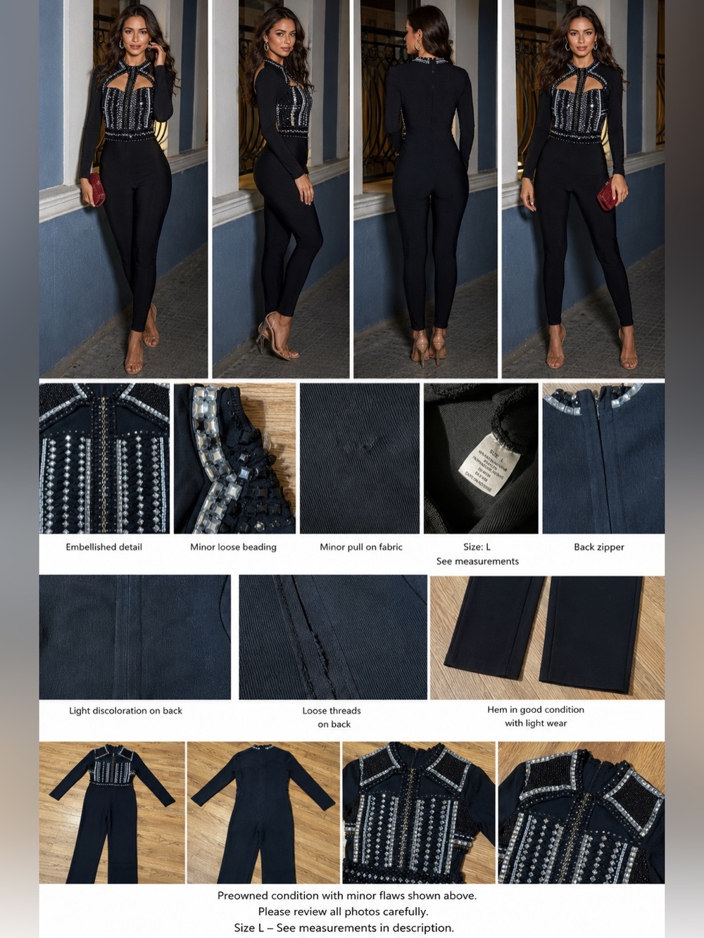 Black Embellished Cutout Jumpsuit Size L – Rhinestone Detail Evening One Piece